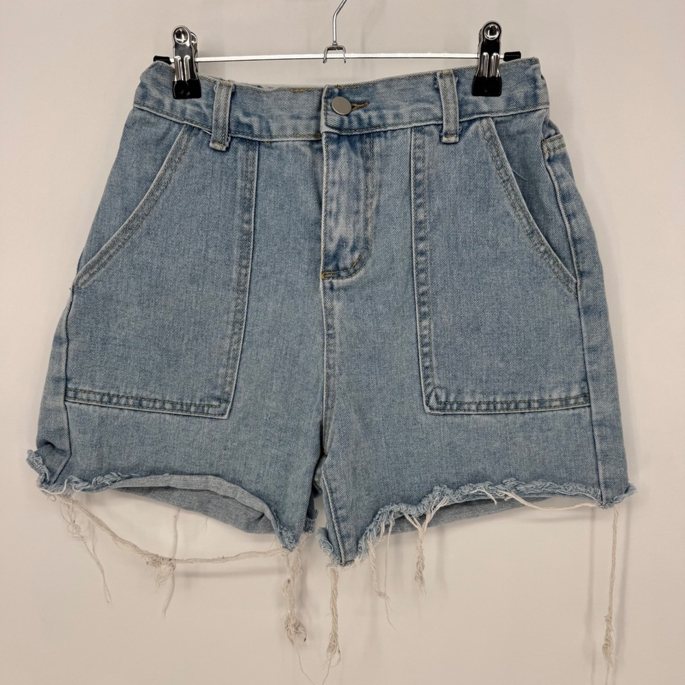 FDB Womens Medium Light Wash High Rise Raw Hem Utility Denim Shorts Elastic Back